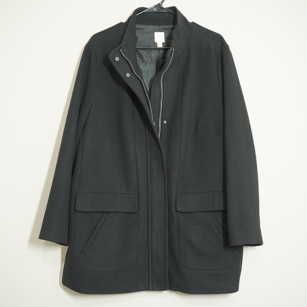 J. Jill Size XL Petite Black Funnel Neck Zip Closure Pea Coat Chic Classic